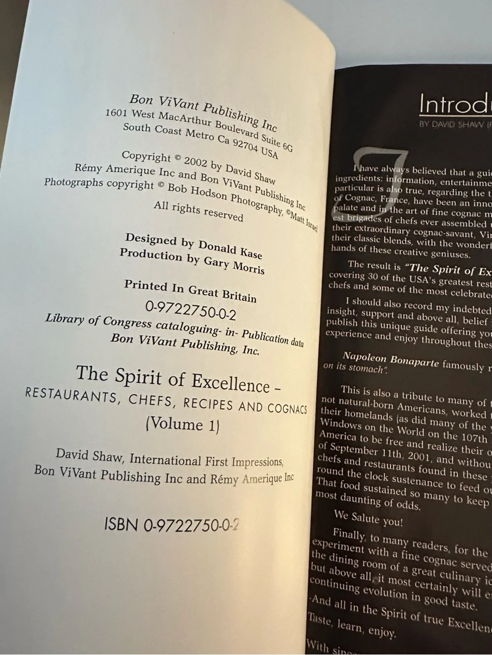 The Spirit of Excellence Restaurants Chefs Recipes Cognacs Book Shaw 2002 USED